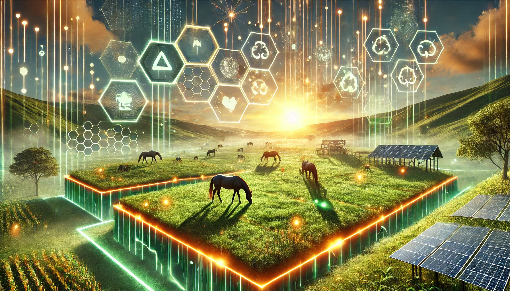 DALL·E 2025-01-10 11.23.09 – A visually stunning eco-technology scene centered on equine sustainability. The image depicts a wide, expansive green meadow with sleek, futuristic el equineshow247 sustainable affordable marketing equine brands